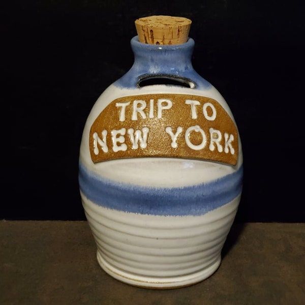 Tirelire Sunrise Pottery Handmade Stoneware Cork Stopper Trip To New York Blue & White 6 3/4 Inches Tall Signed