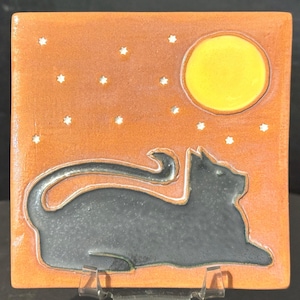 Black Cat & Moon Coaster: Handmade Witchy Decor 4x4 Inch Tile, Signed