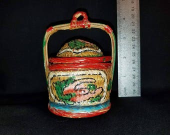 Vintage Hand Painted Miniature Wicker Lidded Basket