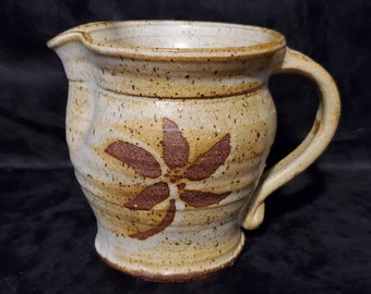 MCM Pitcher, Handmade, Stoneware, Studio Pottery, Flower Design, 4 Cups or 32 Ounces 5.5 Inches Tall, Signed