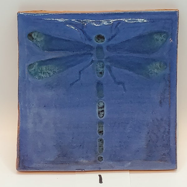 Dragonfly Tile or Coaster Kitchen Backsplash or Bathroom Wall Handmade Studio Pottery Accent Tile Blue 4x4 Inch USA