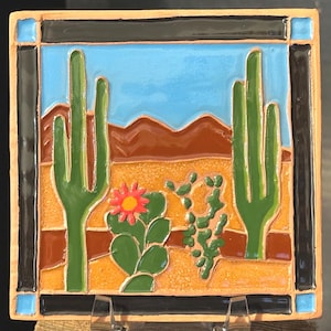 Cactus Coaster: Handmade Southwest Decor 4x4 Inch Tile, Signed image 1