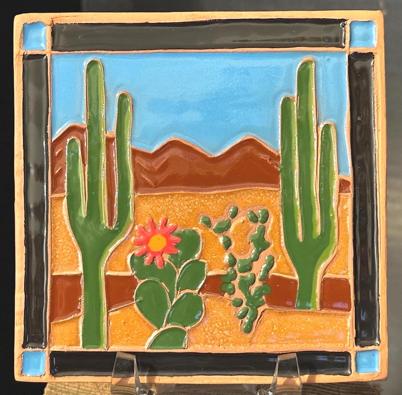 Cactus Coaster: Handmade Southwest Decor 4x4 Inch Tile, Signed image 1