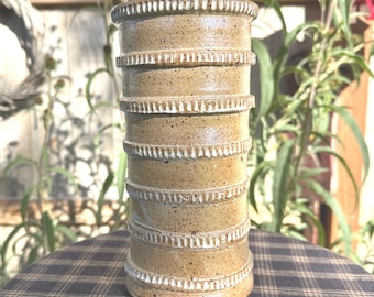 Vase Handmade Pottery by Thomas  Stoneware, Salt Glazed, Studio Pottery Brown & White 8.25 Inches Tall Signed Thomas '99