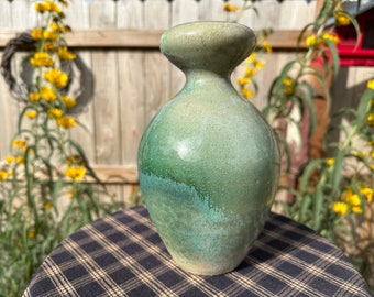 Fine Art Modern Vase Stoneware Wood Fired Handmade Studio Pottery Blue, Green & White 8.25 Inches Tall Signed R