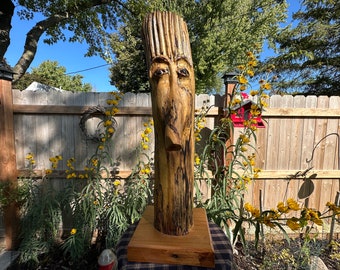 Chainsaw Sculpture Birch Wood  Hand Carved Garden Art Totem Statue Wood Carving 22 Inches Tall Signed