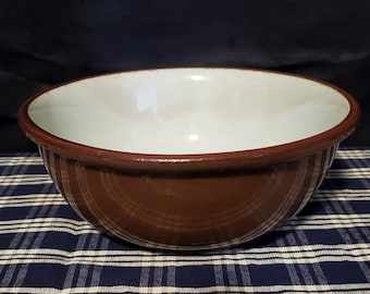 Antique Mixing Bowl Stoneware Pottery Brown & White Glaze 4 Cups or 32 oz 1900's