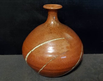 Fine Art Stoneware Bottle Handmade Studio Pottery Reddish/Brown & White 6 3/4 inches Tall Signed