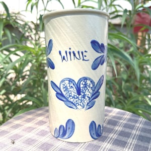 Handmade Wine Chiller Beaumont Brothers Pottery: Blue Heart & Leaf Design, Signed BBP