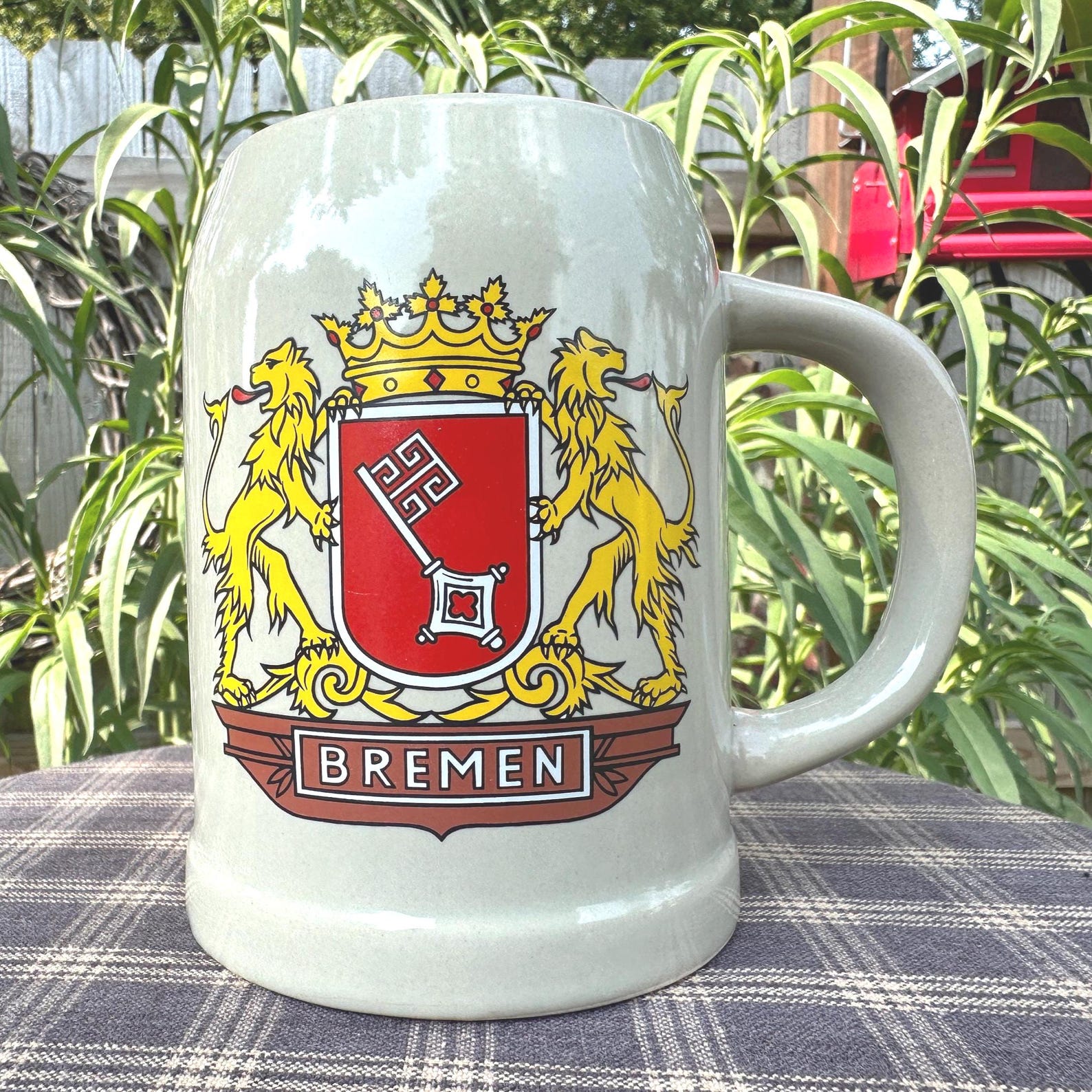 Lion Crest Beer Stein: Bremen Germany Handmade Stoneware Mug (0.5 Liter)