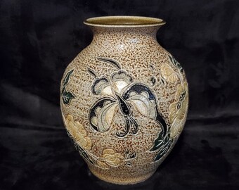 Fine Art Vase A&A Pottery Stoneware Handmade Studio Pottery Incised Butterfly and Flowers Design Salt Glaze 8 1/2" Tall