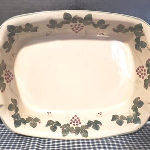 Serving Platter Stoneware Handmade Studio Pottery Hand Painted Grapes & Grape Leaves Dishwasher Safe 13" x 9" Signed