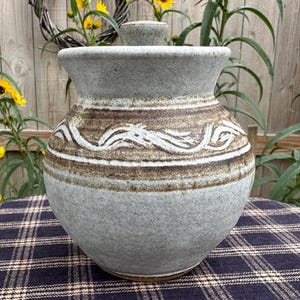 Large Sugar Bowl or Honey Pot Handmade Stoneware w/ Lid White & Brown Glaze Handmade Studio Pottery 5 Inches Tall Holds 2 cups Signed