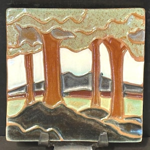 Arts & Crafts Tile or Coaster Pine Landscape or Woodland Forest Handmade by Garden Gate Pottery Hand Glazed Accent Wall Tile 4x4 Inch Signed