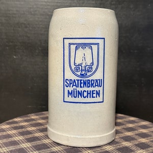 Antique German Beer Stein SPATENBRAU MUNCHEN Made in Germany, Stoneware, Salt Glazed, Wheel Thrown Pottery, 1 Liter, 7.5 Inches Tall