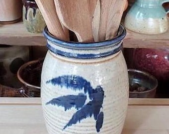 Handmade Pottery Utensil Holder: White & Blue Glaze, 7&quot; Tall