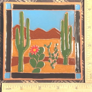 Cactus Coaster: Handmade Southwest Decor 4x4 Inch Tile, Signed image 2