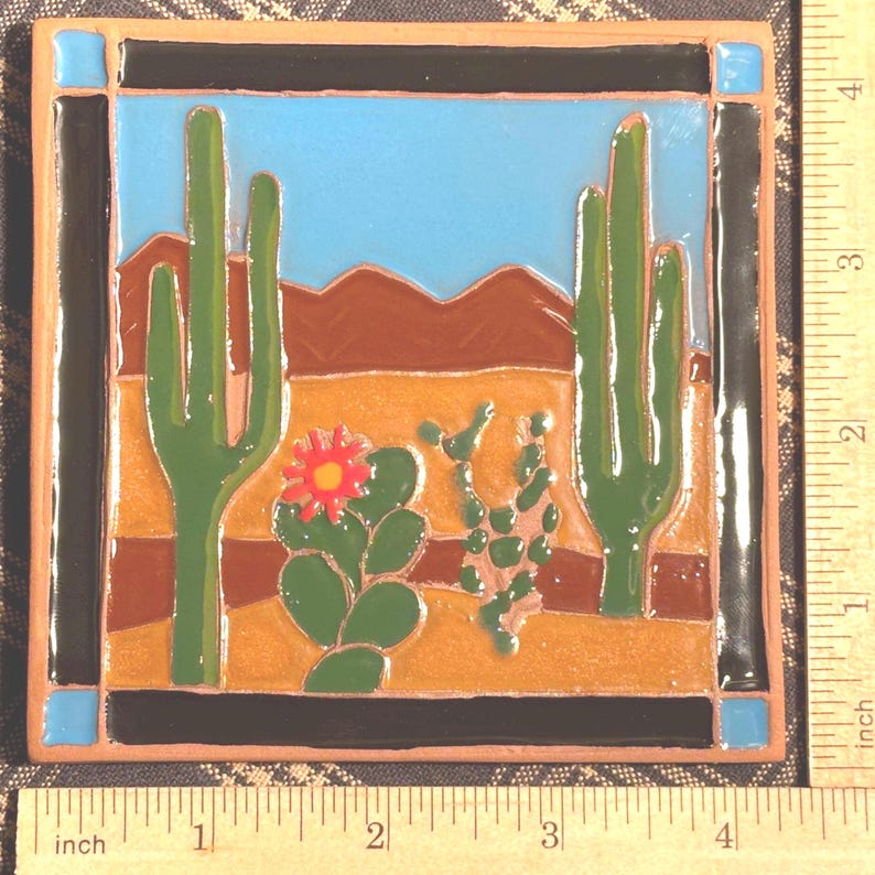 Cactus Coaster: Handmade Southwest Decor 4x4 Inch Tile, Signed image 2