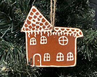Handmade Gingerbread House: Ceramic Christmas Ornament Redware 3 Inch Signed