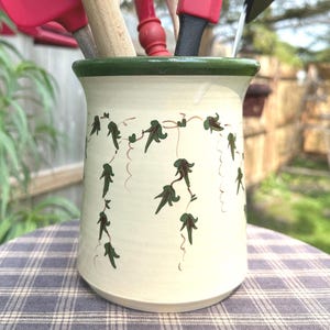 Utensil Holder Crock Storage Jar Handmade Stoneware Studio Pottery Green, Brown & White 6 Inches Tall made in USA, Signed