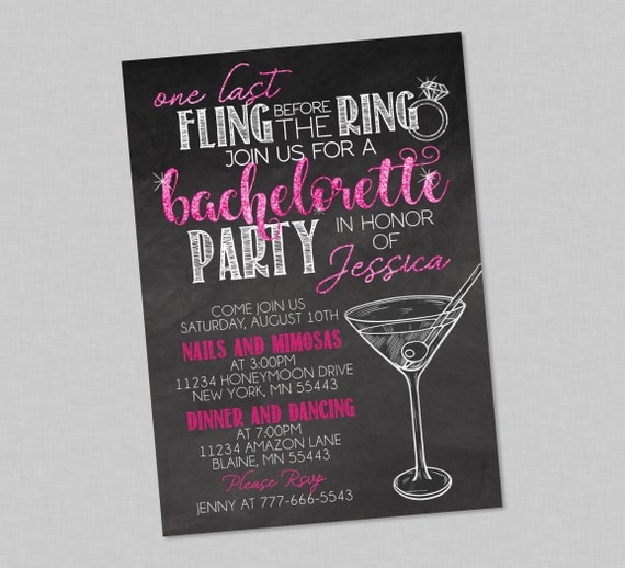 fling before the ring bachelorette party chalkboard invitation cocktail invites