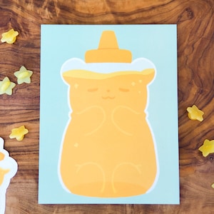 May include: A yellow honey bear bottle illustration on a light blue background. The honey bear is smiling and has a white lid.