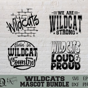 Peut inclure: Un lot de téléchargement numérique de quatre designs de mascotte Wildcat en noir et blanc. Les designs comprennent "Wildcats", "We Are Wildcat Strong", "Livin' in Wildcat Country" et "Wildcats Loud & Proud".
