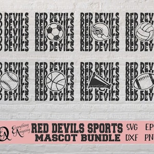Könnte beinhalten: Schwarz-weiße Sportgrafiken mit dem Text "RED DEVILS" vertikal wiederholt. Enthält Illustrationen von Fußball, Volleyball und anderen Sportgeräten. Der Text "RED DEVILS SPORTS MASCOT BUNDLE" ist ebenfalls vorhanden.