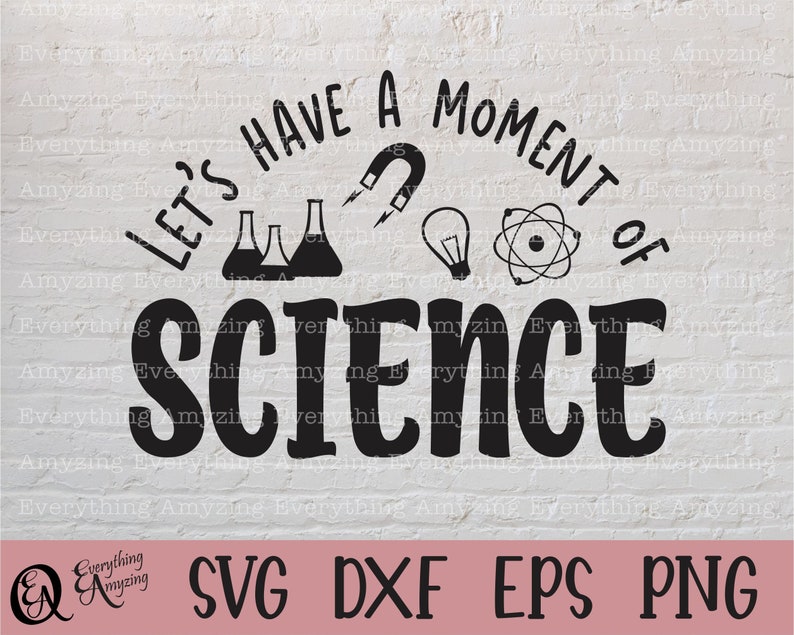 Może przedstawiać: Czarno-biały projekt graficzny z tekstem "Let's Have a Moment of Science". Grafika zawiera żar&oacute;wkę, magnes, atom i dwie zlewki.