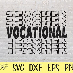 Könnte beinhalten: Schwarzweißes Grafikdesign mit dem Text "TEACHER VOCATIONAL TEACHER", der in einem gestapelten, versetzten Muster wiederholt wird.