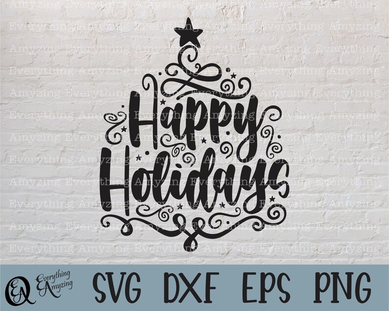 May include: Black and white design of a stylised Christmas tree with the text "Happy Holidays" in a decorative font.