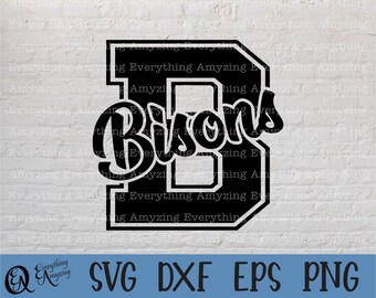 Könnte beinhalten: Schwarzweißes Grafikdesign eines Varsity-Buchstabens "B" mit dem Wort "Bisons" in einer stilisierten Schriftart. Das Design eignet sich für die Verwendung als Schnittdatei für Bastelprojekte.