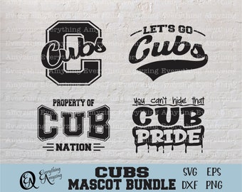 May include: A black and white Cubs mascot bundle with four different designs. The designs include the word "Cubs" in various fonts, along with phrases like "Let's Go Cubs," "Property of Cub Nation," and "Cub Pride."