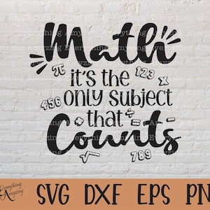 May include: Black and white graphic design with the text "Math's it's the only subject that counts" with mathematical symbols and numbers surrounding the text.