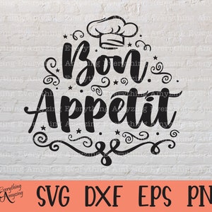 Op de afbeelding: Zwart-wit ontwerp met een koksmuts en de tekst "Bon Appetit" met decoratieve krulletjes. Het ontwerp is geschikt voor gebruik als snijbestand voor knutselprojecten.