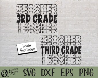 Pode incluir: Design de texto em camadas em preto e branco que lê "Teacher 3rd Grade" com a palavra "Teacher" repetida várias vezes. O design é para um professor ou uma decoração de sala de aula.