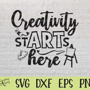 Puede incluir: Diseño gráfico negro con las palabras "Creativity Starts Here" e iconos relacionados con el arte. Incluye un tubo de pintura, una paleta, un pincel y un caballete. La parte inferior de la imagen tiene el texto "SVG DXF EPS PNG".