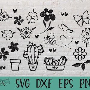 May include: A black and white digital design featuring a cactus, flowers, butterflies, hearts, and a bee. The design is perfect for crafting projects, such as vinyl decals, iron-on transfers, and printable art.