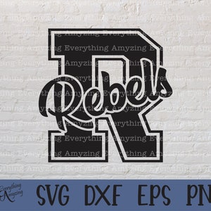 May include: Black and white graphic design of a large letter R with the word "Rebels" in a stylized font inside the letter. The design is on a white brick background.