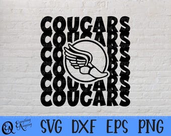 May include: Black and white digital design featuring the word "Cougar" repeated in a circular pattern. A stylized running shoe with wings is in the center of the design.