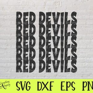 Könnte beinhalten: Schwarzer Text "RED DEVILS" auf weißem Ziegelhintergrund. Darunter ein grünes Banner mit "SVG DXF EPS PNG" und einem Logo. Geeignet für digitale Bastel- oder Grafikdesignprojekte.