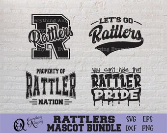 Könnte beinhalten: Ein digitales Download-Paket mit vier schwarzen und weißen SVG-Schneidedateien, die das Wort "Rattlers" in verschiedenen Stilen zeigen. Der Text enthält die Sätze "Let's Go", "Property of", "Nation" und "You can't hide that Rattler Pride".