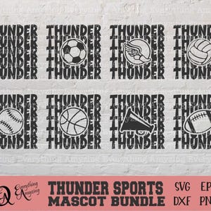 Op de afbeelding: Een verzameling zwart-wit sportafbeeldingen met het woord "THUNDER" verticaal herhaald, met pictogrammen van sportuitrusting zoals een voetbal, volleybal en honkbal. De tekst "THUNDER SPORTS MASCOT BUNDLE" is ook inbegrepen.