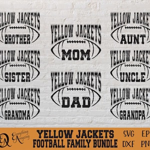 May include: A set of eight black and white SVG cut files featuring the text "Yellow Jackets" and various family member titles, including "Brother", "Sister", "Mom", "Dad", "Aunt", "Uncle", "Grandma", and "Grandpa".