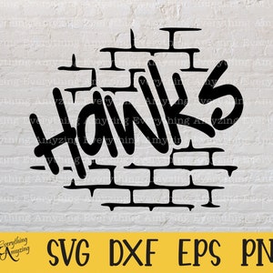 May include: Black and white graphic design of the word "Hawks" written in a graffiti style on a brick wall background.