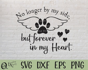 Może przedstawiać: Czarno-biały projekt graficzny z odciskiem łapy z skrzydłami i tekstem "No longer by my side, but forever in my heart."