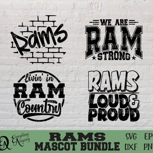 May include: A digital download of four black and white graphic designs featuring the word "Rams" in different styles. The designs include "Rams" with a brick wall background, "Livin' in Ram Country", "We Are Ram Strong", and "Rams Loud & Proud".