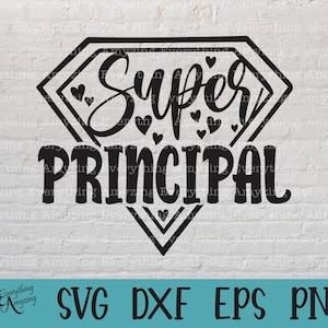 May include: Black and white graphic design of a diamond shape with the text "Super Principal" inside. The diamond shape has a heart design at the top and bottom. There are small hearts scattered around the text.