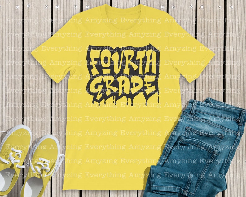 May include: Yellow t-shirt with black text that says "FOURTH GRADE" in a dripping paint style.