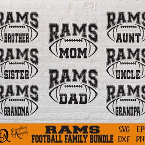 May include: A set of 10 black and white SVG cut files featuring the word "RAMS" with a football design and different family member titles. The titles include "Brother", "Sister", "Mom", "Dad", "Grandma", "Grandpa", "Aunt", "Uncle".